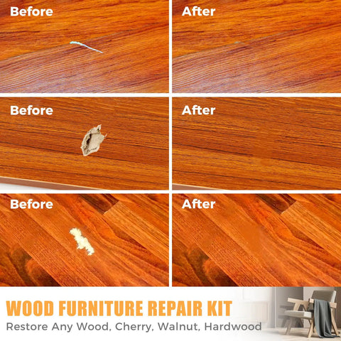 Before and after images showing restoration of wood surface using Hella Effective 41 Piece Wood Furniture Repair Kit And Laminate Floor Scratch Fix Set Featuring Premium Touch Up Markers Plus Wood Filler For Quick Crack And Hole Restoration.