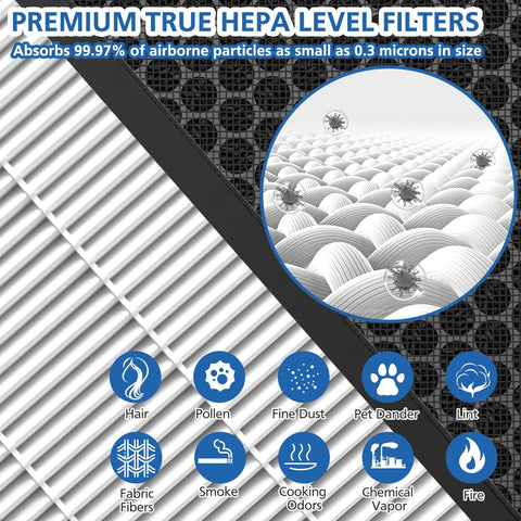 2 Pack Vital 100S Replacement Filter For Vital 100S And 100S-P Air Purifier, diagram showing HEPA filter levels and particles trapped