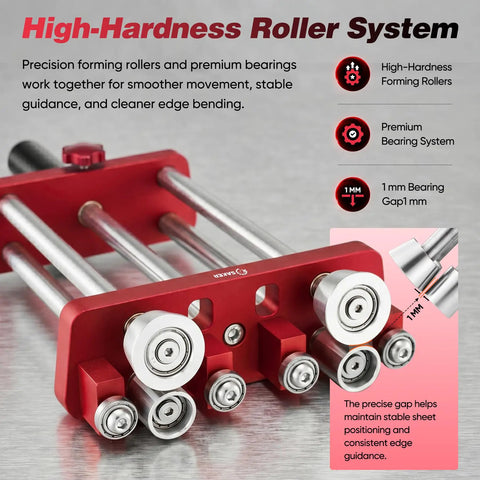 Close-up of high-hardness roller system on Two Station Sheet Metal Bender Roller Tool For 0 To 100 Degree Bends, red finish.