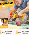 Man using Cordless Heat Gun With Dual Temperature Modes 1022F And 572F, compatible with Dewalt 20V battery and 3 nozzles.