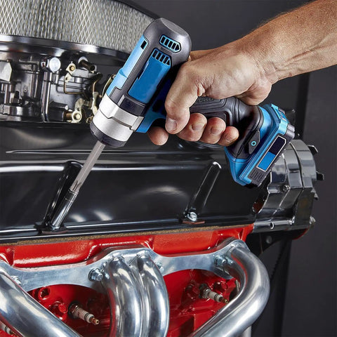 Hand holding a power drill with hex head bit, working on an engine using Heavy Duty Hex Head Allen Wrench Drill Bit Set Featuring 33 Pieces Crafted From Tough As Nails S2 Steel With Magnetic Tip And Quarter Inch Shank Covers Metric Sae And Security Torx Sizes For Knockout Home Repairs.