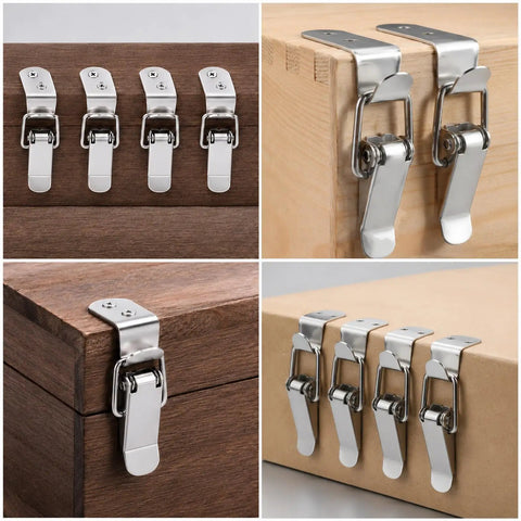 Four Pack 90 Degree Toggle Latches With Spring Loaded Action installed on wooden toolboxes and chests for secure closure.
