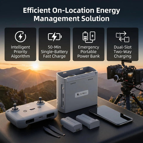 Portable Smart Dual Battery Charger Hub For Drones set with smart chip control, charging station, and accessories on a table