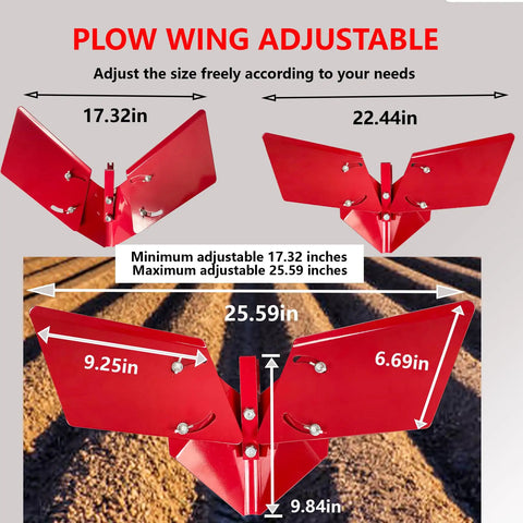 Rear Tine Tiller Furrower Kit With Three Adapter Types, Adjustable Plow Wings, shown with size adjustments for plowing farmland