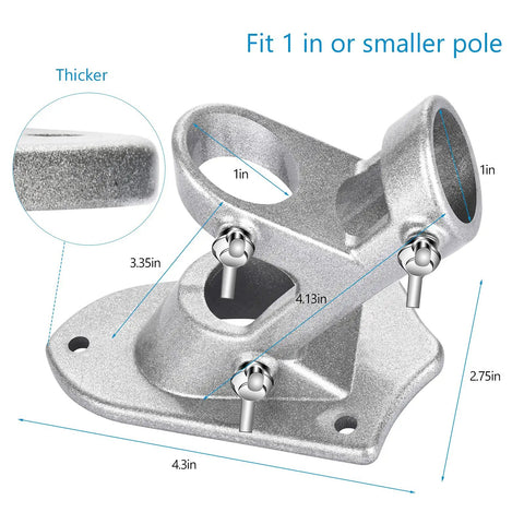 Heavy Duty Aluminum Flag Pole Bracket Fits One Inch Poles Rust Proof Porch Stand With Stainless Steel Hardware Wind Resistant Outdoor Flag Mount For Front Yard. Close-up showing dimensions and design.