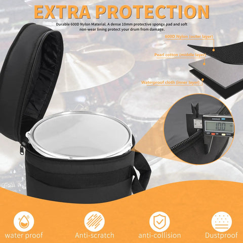 Pro Level Five Piece Drum Bag Set With Sick 10 Mm Shock Absorbing Padding showing 600D nylon material and zipper details.