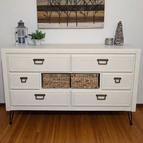 Dresser refinished with All In One Refinishing Paint For Furniture And Cabinets And More, Off White Gallon for any DIY project.