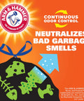Arm & Hammer logo with text promoting odor control for Ultra Strong 13 Gallon Black Trash Bags Tall Kitchen Garbage Bags.