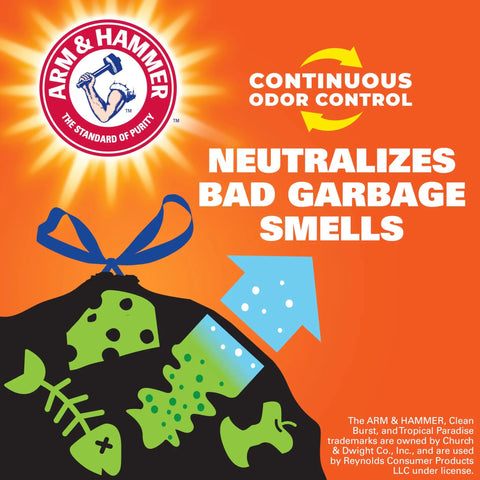 Arm & Hammer logo with text promoting odor control for Ultra Strong 13 Gallon Black Trash Bags Tall Kitchen Garbage Bags.