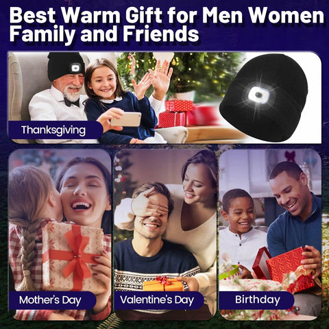 Rechargeable LED Beanie With Built In Light, USB Powered Winter Knit Hat, unisex, shown in gift settings, black.