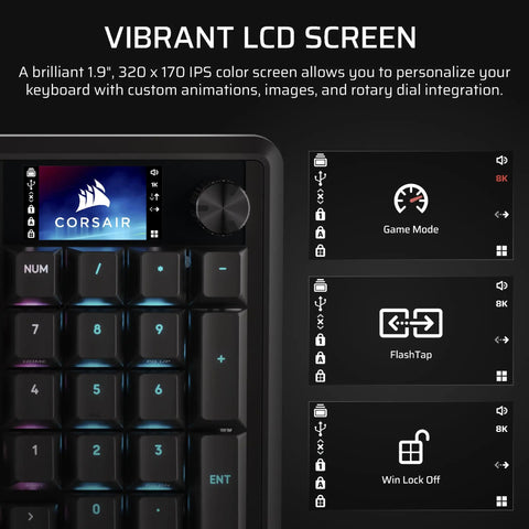 Vibrant LCD screen on a 96 Percent Compact Mechanical Gaming Keyboard With Smooth Linear Switches That Hit Different Combined With A Built In LCD Stream Deck Rotary Knob And Dedicated Macro Buttons For Players Who Mean Business On The Battlefield.
