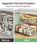 Heavy Duty Stainless Steel Pull Out Cabinet Organizer Two Pack With Slick Full Extension Slide Out Design and No Sweat Spice Rack for a total game changing pantry and kitchen storage solution, showcasing before and after organization.