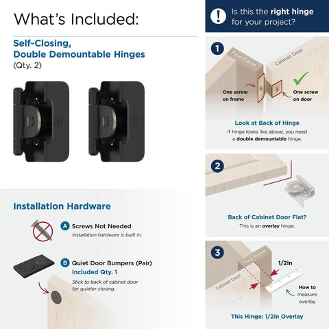 Self-closing double demountable hinges, matte black, for kitchen/bathroom cabinet doors, half inch overlay installation.