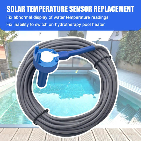 Two Pack 10K Ohm Pool Temperature Sensor Thermistor Replacement With 20 Foot Cable coiled over a view of a pool.