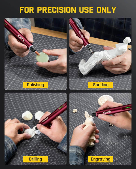 F2 Master Mini Cordless Rotary Tool Kit With 25,000 RPM Brushless Hollow Cup Motor And NeoPulse Power, shown in use for polishing, sanding, drilling, and engraving on DIY crafts.