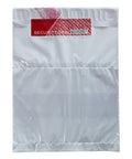 Front view of silver poly mailer with red tamper-evident security label and serial-numbered tape