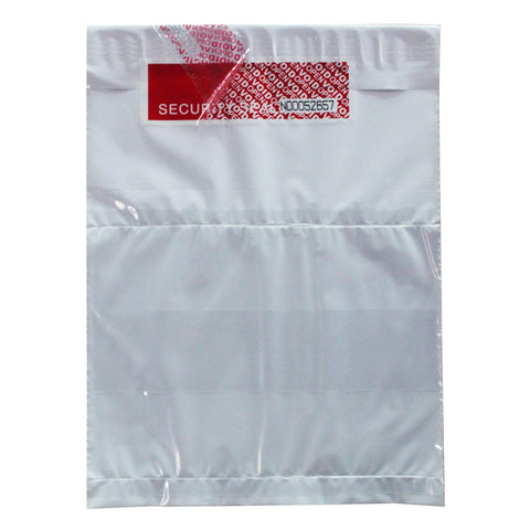 Front view of silver poly mailer with red tamper-evident security label and serial-numbered tape