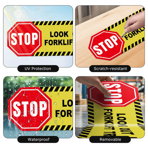 Five Pack Heads Up Watch Out For Forklift Traffic Floor Stickers showing UV protection, scratch resistance, waterproof, removable.