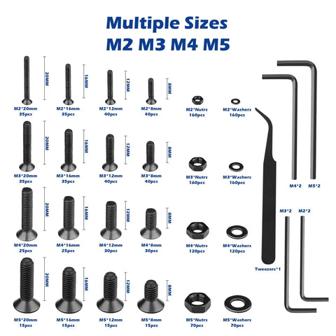 All In One 1500-Piece M2 To M5 Screws Assortment Kit With 10.9 Grade Alloy Steel Hex Flat Head Cap Bolts Nuts Washers Hex Wrenches