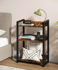 Three Tier Narrow Bookshelf With Edge Protection And Side Cross Tube Design For Picture Frames Statues Easy Peasy Setup Super Solid Storage Rack in rustic brown, 16.5x9.5x28.2 inches.