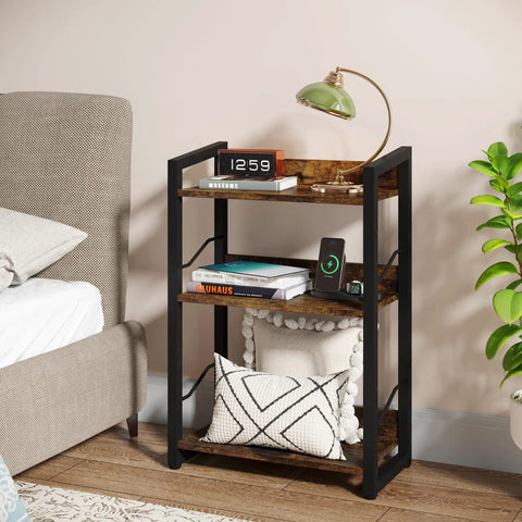 Three Tier Narrow Bookshelf With Edge Protection And Side Cross Tube Design For Picture Frames Statues Easy Peasy Setup Super Solid Storage Rack in rustic brown, 16.5x9.5x28.2 inches.