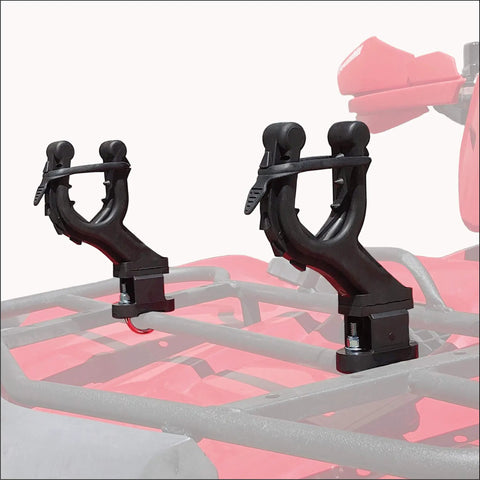 Single ATV Gun And Bow Rack for handlebar mounts on tubular bars, showcasing rubber spurs and offset design, made in the USA