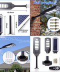 600W Solar Street Light Dusk To Dawn LED With Motion Sensor And Remote, wall and pole mounting options displayed