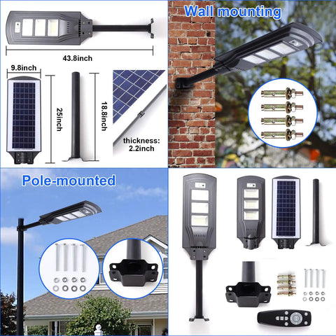600W Solar Street Light Dusk To Dawn LED With Motion Sensor And Remote, wall and pole mounting options displayed