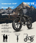 Beast 1000W Electric Bike For Adults With 20 Inch Wheels Removable 15.6Ah Battery Up To 60 Mile Range Dual Disc Brakes 7 Speed Gearing Built For City Commutes And Off Road Adventures next to mountain backdrop with dimensions displayed.