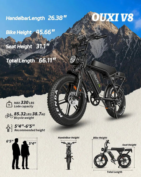 Beast 1000W Electric Bike For Adults With 20 Inch Wheels Removable 15.6Ah Battery Up To 60 Mile Range Dual Disc Brakes 7 Speed Gearing Built For City Commutes And Off Road Adventures next to mountain backdrop with dimensions displayed.