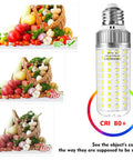 25W E26 LED Corn Bulb 200W Equivalent 6500K Cool Daylight White 2500 Lumens with CRI 80+ color rendering next to fruits comparison.