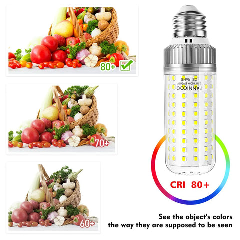 25W E26 LED Corn Bulb 200W Equivalent 6500K Cool Daylight White 2500 Lumens with CRI 80+ color rendering next to fruits comparison.