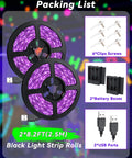 16.4Ft Black Light Strip Kit With USB Plug And Battery Box Two 8.2Ft Strips 300LEDs Adhesive Mounting Neon Glow