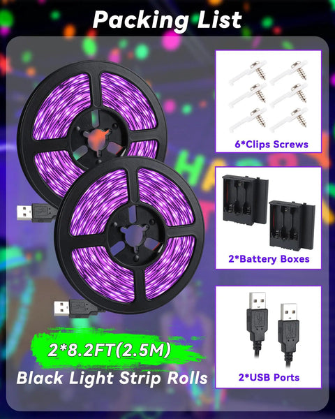 16.4Ft Black Light Strip Kit With USB Plug And Battery Box Two 8.2Ft Strips 300LEDs Adhesive Mounting Neon Glow