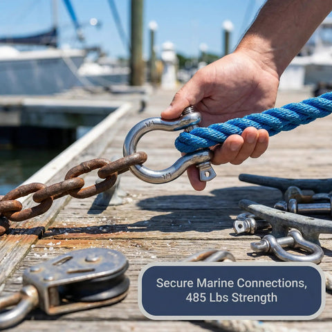 Tough As Nails 15 Pack 1/4 Inch 304 Stainless Steel Screw Pin Shackles in use with rope and chain, rated 485 lbs.