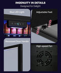 Details of 126 Can Beverage Refrigerator Cooler With Glass Door Mini Fridge including LED light, adjustable feet, handle, fan