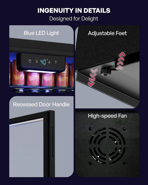 Details of 126 Can Beverage Refrigerator Cooler With Glass Door Mini Fridge including LED light, adjustable feet, handle, fan