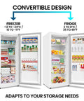 Built Tough 17 Cubic Foot Upright Convertible Fridge And Freezer With Auto Defrost showcasing freezer and fridge modes.