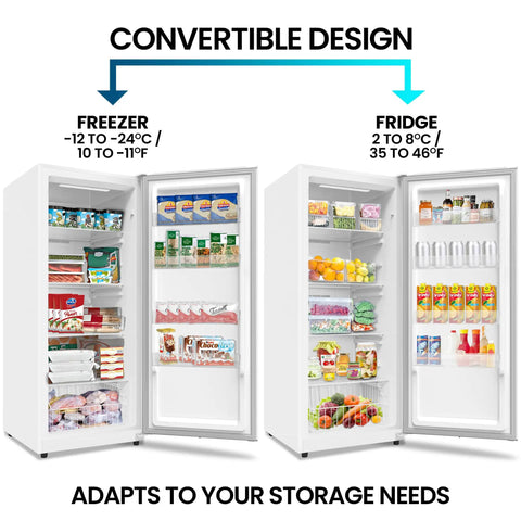 Built Tough 17 Cubic Foot Upright Convertible Fridge And Freezer With Auto Defrost showcasing freezer and fridge modes.
