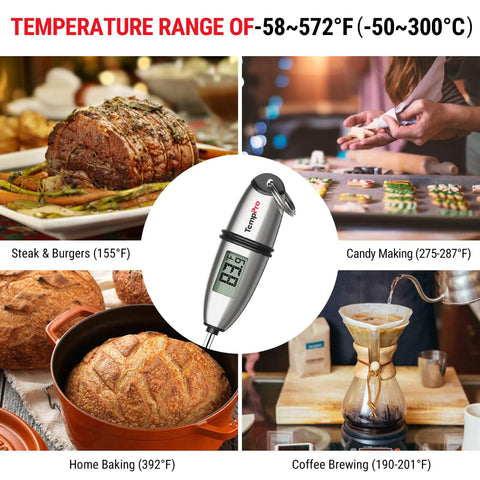 Digital Food Thermometer For Cooking And Baking With A Long 5.3 Inch Probe, Fast One Second Read, Ultra Accurate About 0.9 Fahrenheit, Pro Grade Tool For Meat Liquids Yogurt Candy Making Bread Sourdough And BBQ Kitchen Accessory, showing temperature range and various cooking applications.