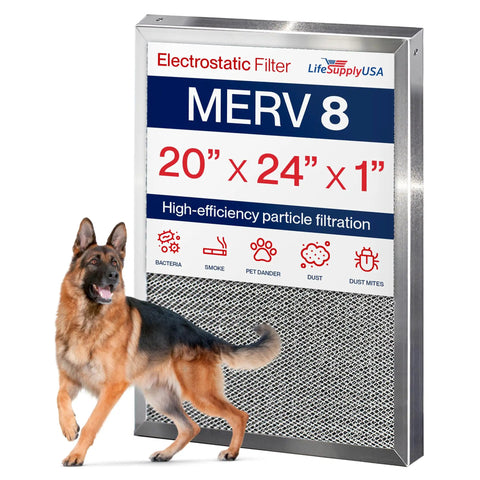 20x24x1 Electrostatic Air Filter MERV 8 with dog, showcasing size and high-efficiency filtration capabilities.