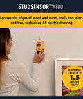 Woman using Smart Stud Finder And Wall Scanner With Edge Locating Tech And WireWarning AC Detection for DIY home project