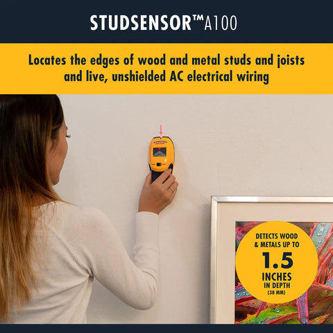 Woman using Smart Stud Finder And Wall Scanner With Edge Locating Tech And WireWarning AC Detection for DIY home project