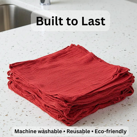 Stacked red cotton shop towels on counter for garage and auto care. Red Cotton Shop Towels 12 Pack For Garage And Auto Care Ultra Absorbent Reusable Lint Free Rags Washable Mechanic Towels For Oil Grease Spills Automotive Cleaning And Detailing.