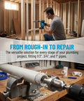 Man using Complete 3Pc Pvc Pipe Threading Tool Kit For 1/2, 3/4, And 1 Inch Pipes on a workbench with pipes.