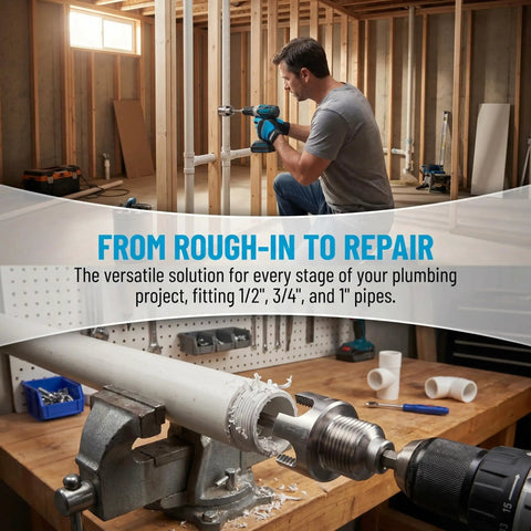 Man using Complete 3Pc Pvc Pipe Threading Tool Kit For 1/2, 3/4, And 1 Inch Pipes on a workbench with pipes.