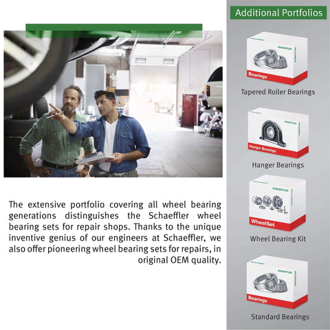 Men discussing Schaeffler wheel bearing repair kits in a garage with product boxes displayed, including tapered roller and hanger bearings