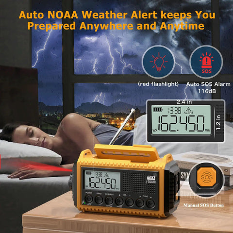 Emergency Radio With NOAA Alerts 12000mAh Portable Solar Crank Battery Powered AM FM Shortwave USB C Charger on bedside table