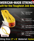 2 Inch By 8 Foot Nylon Lifting Sling Built Tough For Real Lifts USA Made 2 Ply 900 Webbing Type 3 Flat Eye And Eye Rigging Rated 6400 Lb Vertical 5100 Lb Choker 12800 Lb Basket Load Capacity with flat eye detail and inspection tag