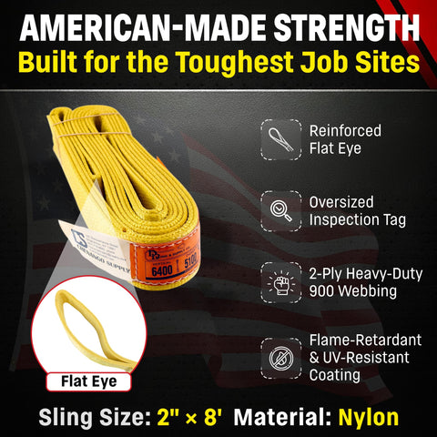 2 Inch By 8 Foot Nylon Lifting Sling Built Tough For Real Lifts USA Made 2 Ply 900 Webbing Type 3 Flat Eye And Eye Rigging Rated 6400 Lb Vertical 5100 Lb Choker 12800 Lb Basket Load Capacity with flat eye detail and inspection tag